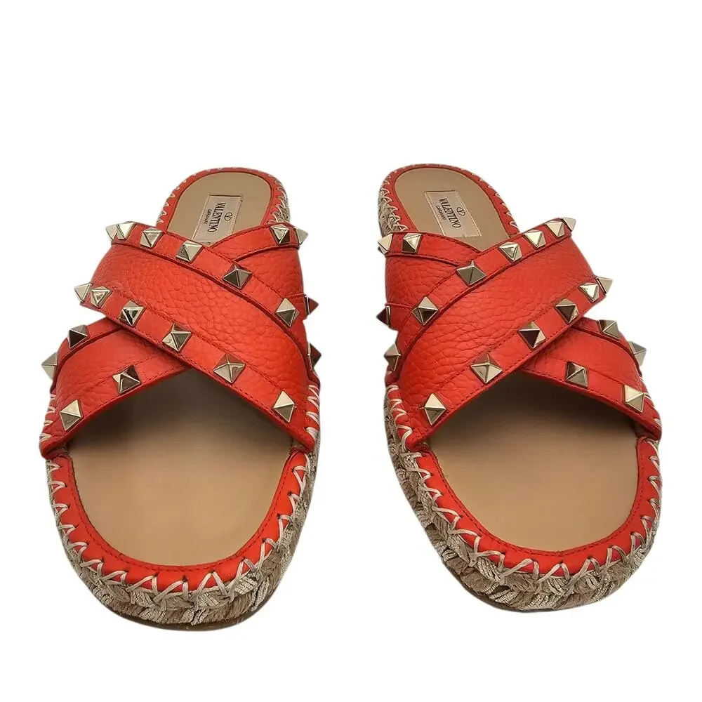 Valentino Garavani Rockstud Flat Slide Espadrille Sandal Orange Size 39 US 9